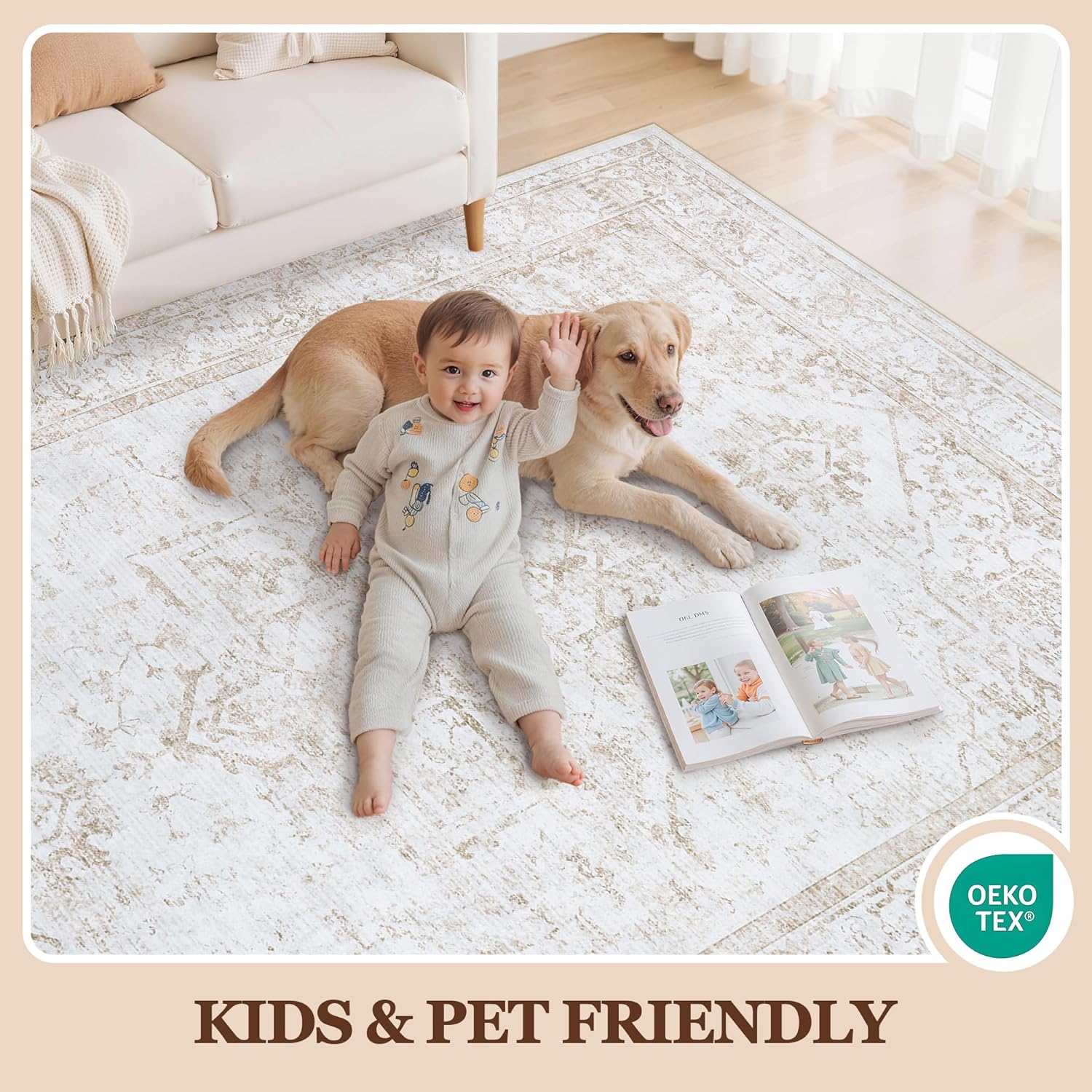 8x10 Area Rugs for Living Room:Beige Washable Vintage Medallion Rug Non-Slip Soft Low Pile Large Rugs Indoor Retro Carpet for Bedroom Kitchen Nursery Dining Table Office (Beige, 8'x10')