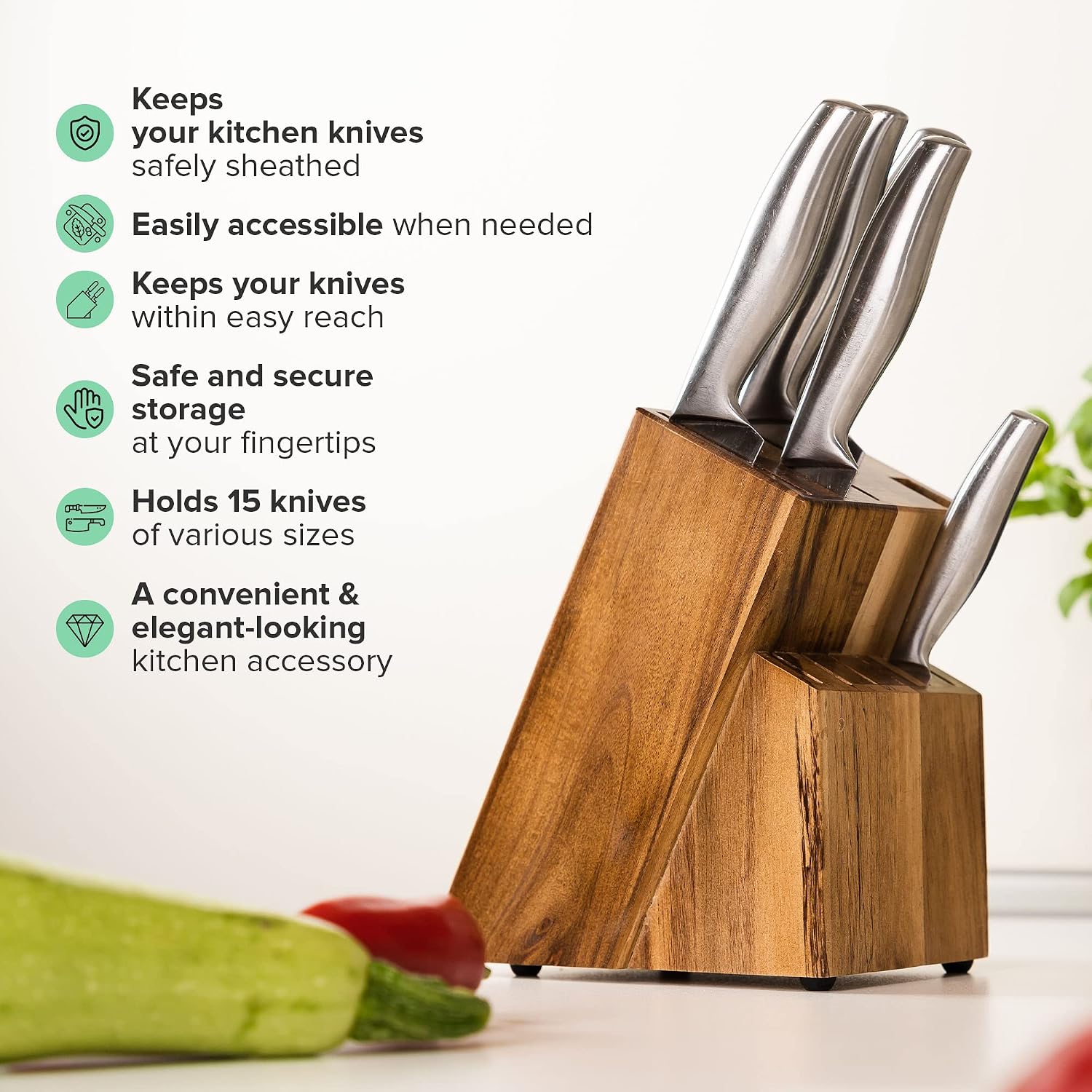 Acacia Wood Kitchen Knife Block - 15 Slots Knife Holder - Professional Quality Wood Knife Organizer - Secure Knife Stand To Keep Knives Neat & Sharp - Knife Blocks For Kitchen Knife Storage