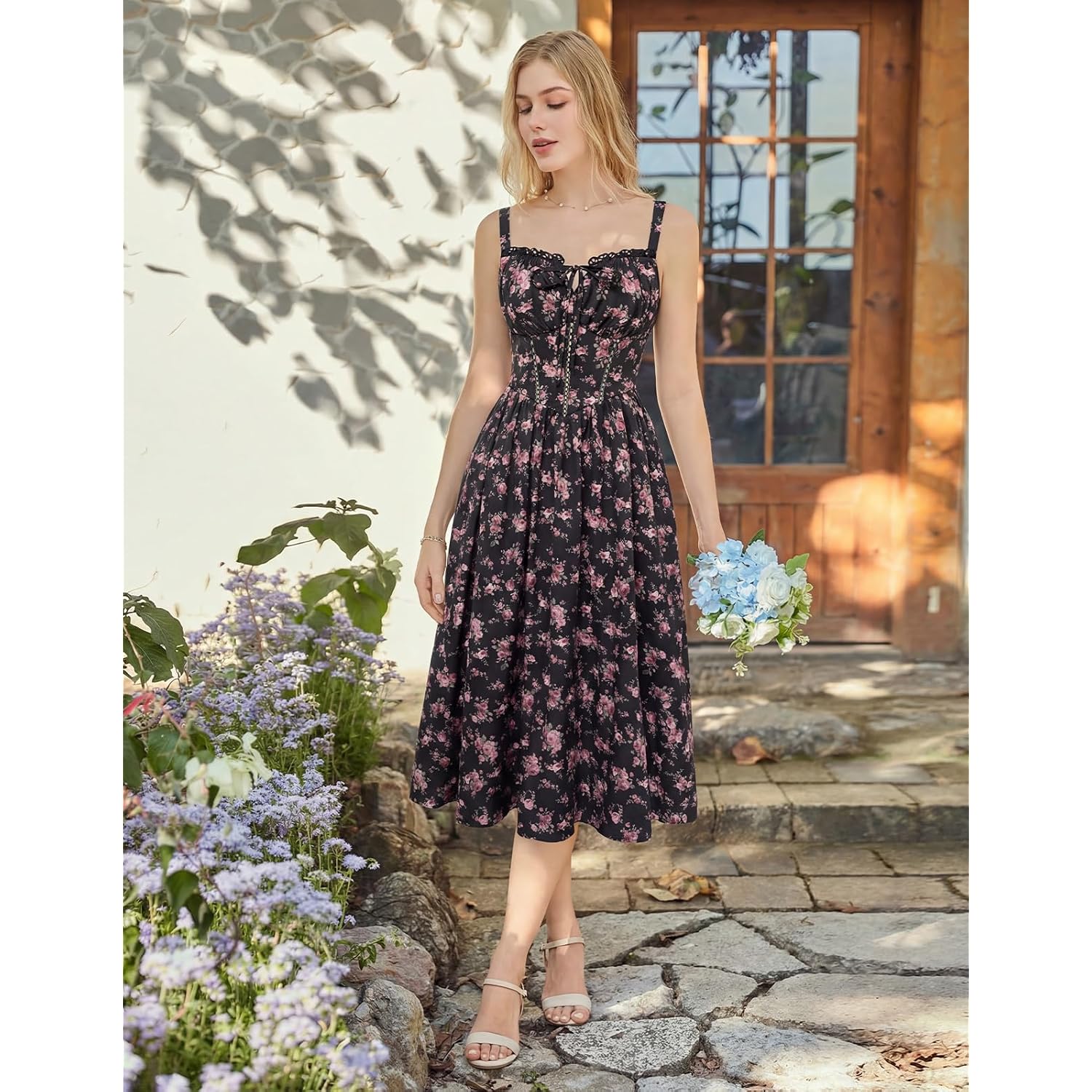 Scarlet Darkness Women 2026 Floral Corset Dress Summer Milkmaid Sundress | Cutout Waist, Smocked Back, Pockets, For Casual, Wedding Guest, Tea Party, Vacation