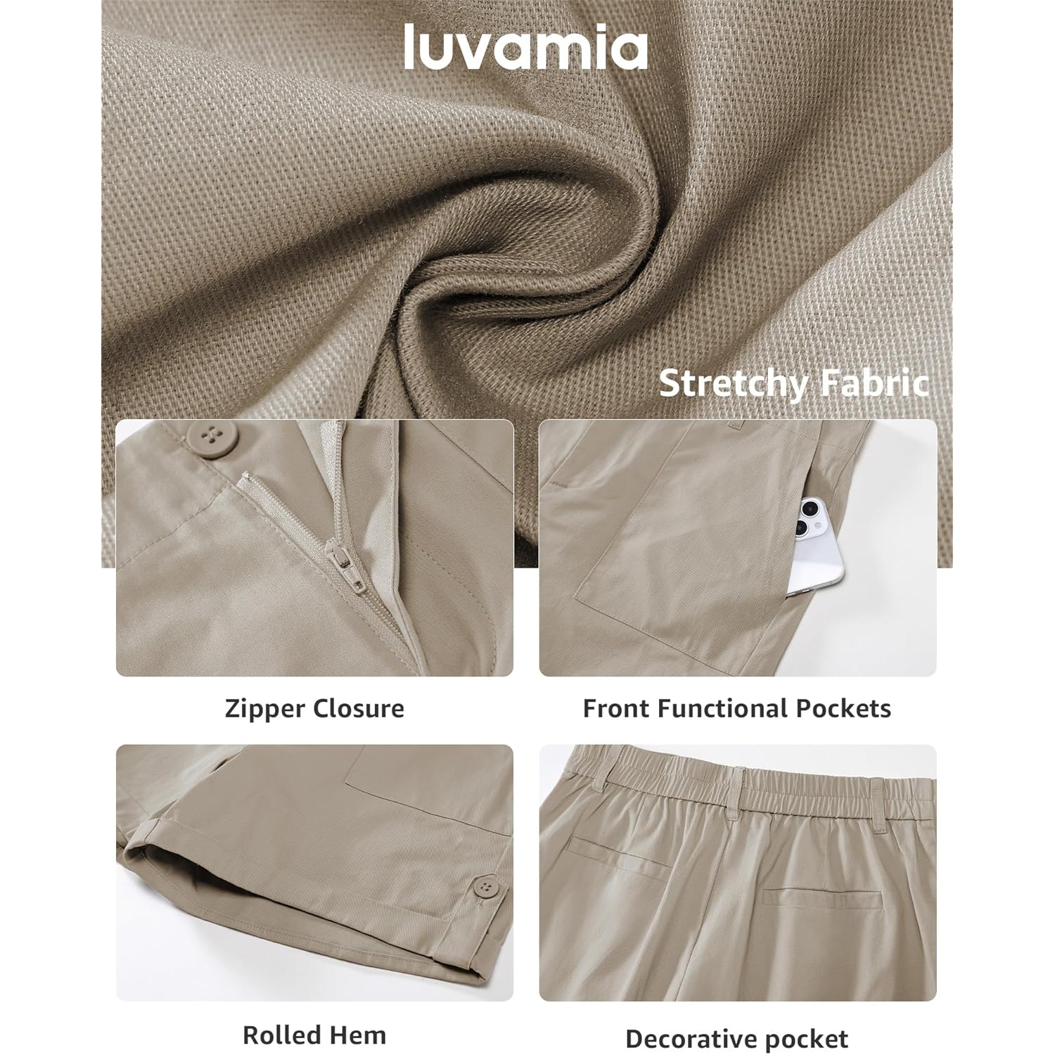 Shorts for Women High Waisted Dressy Casual Summer Elastic Waist Comfy Rolled Hem Stretch Twill Pocket Shorts