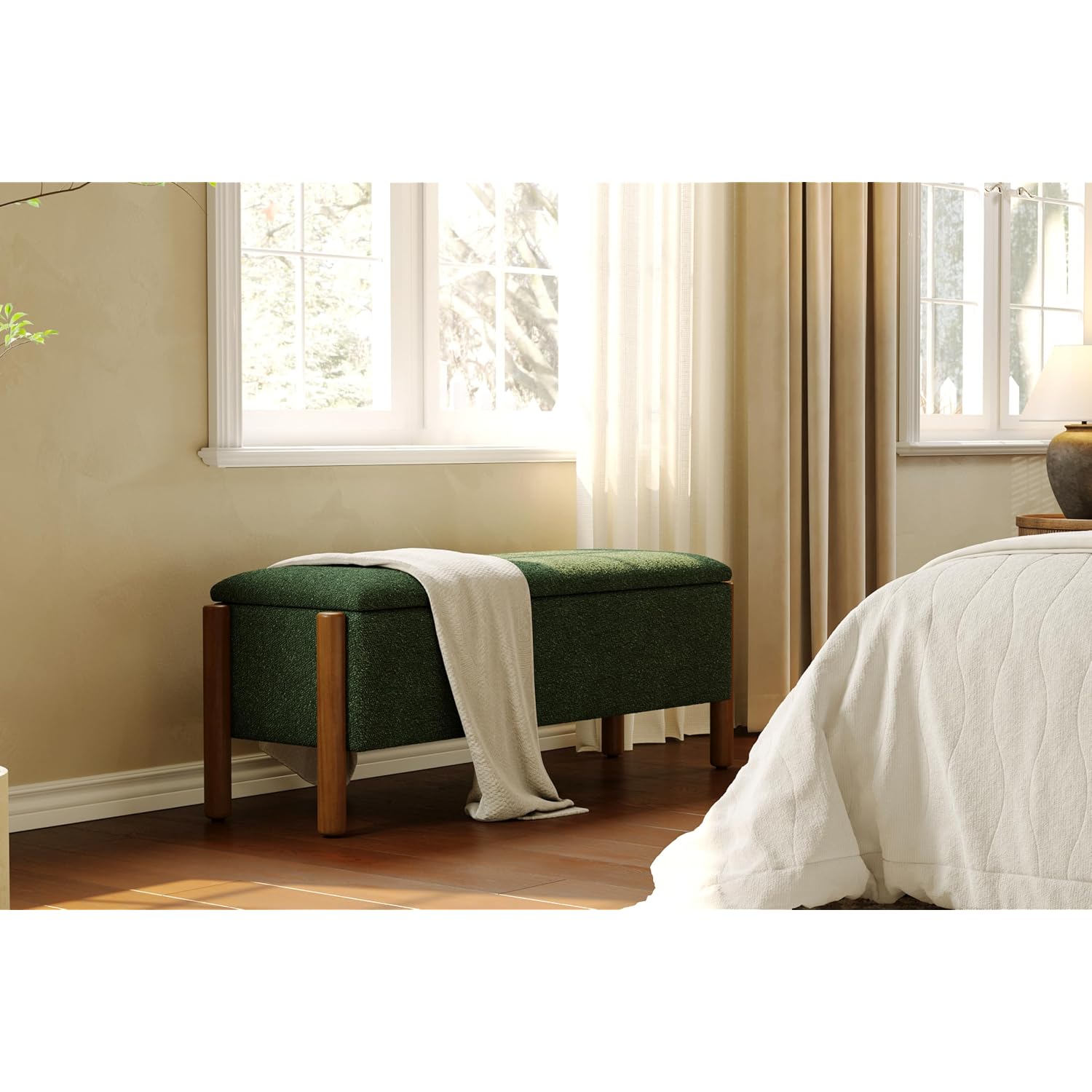 Modern Storage Benches With Walnut Wood Legs, 47'' Ottoman Bench With 20 Gallons Storage Space For Bedroom End Of Bed, Fabric Upholstered Entryway Bench With Seating For Livingroom, Green