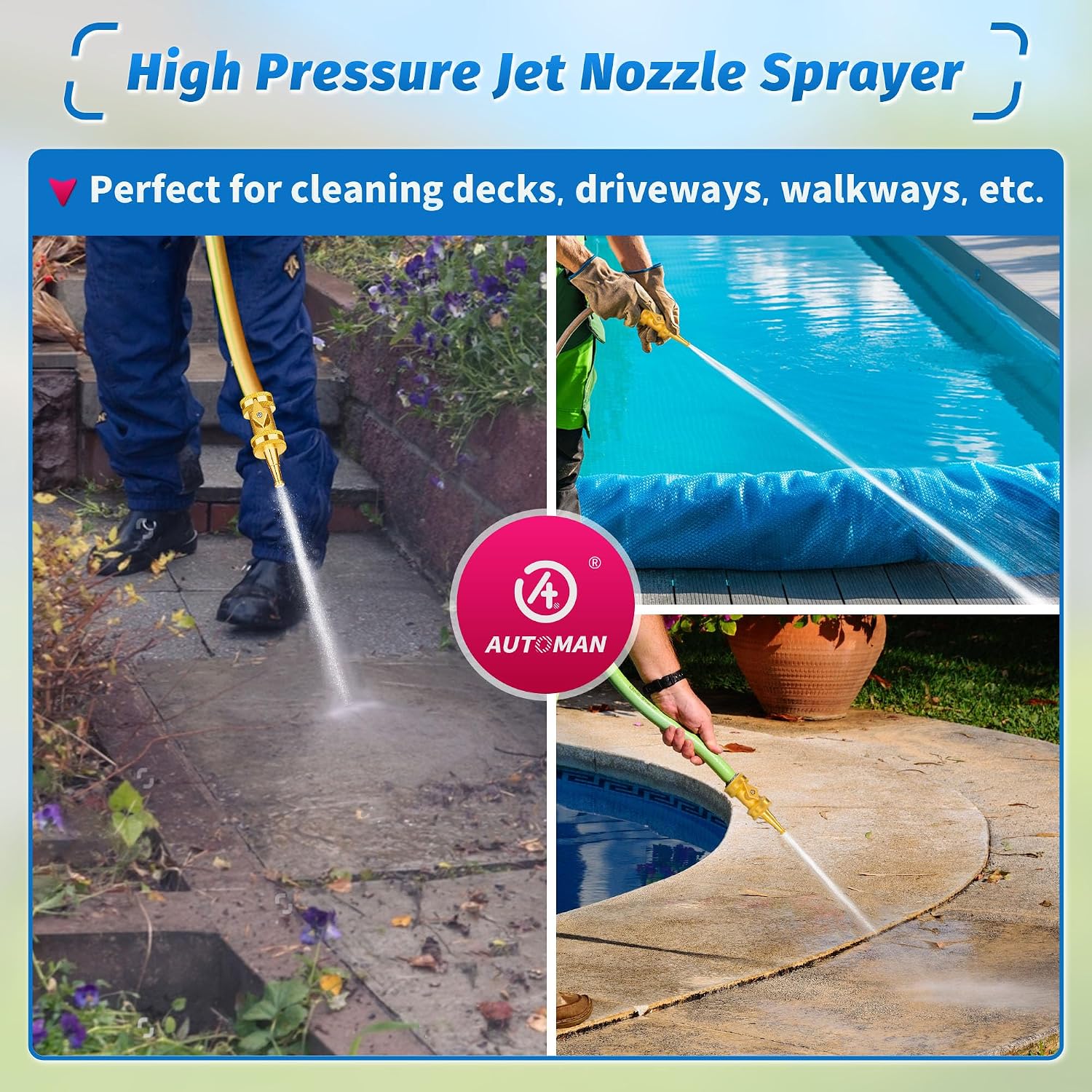 Automan Brass Hose Nozzle - High Pressure Jet Nozzle 4 Count (2 Set), Heavy Duty Water Hose Sprayer Sweeper With Hose Shutoff Valve, 3/4” Ght Nozzles For Garden Hose, Car Wash, Extra 10 Rubber Washers