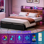 Queen Size Bed Frame With Headboard Storage, Platform Bed Frame Queen Size With 2 Drawers, Charging Station And Led Lights, No Box Spring Needed, Noise Free, Easy Assembly (1200 Lbs Capacity)