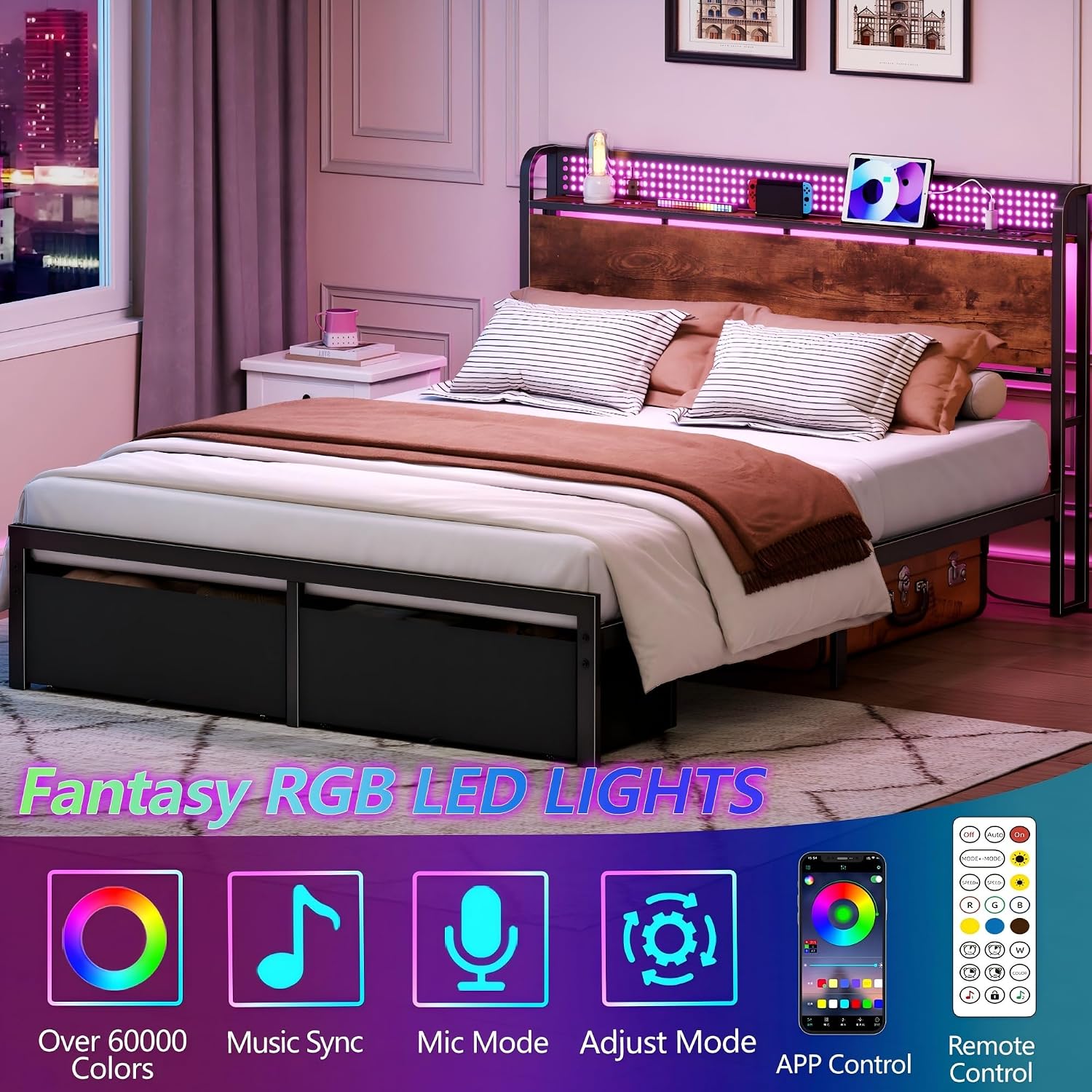 Queen Size Bed Frame With Headboard Storage, Platform Bed Frame Queen Size With 2 Drawers, Charging Station And Led Lights, No Box Spring Needed, Noise Free, Easy Assembly (1200 Lbs Capacity)