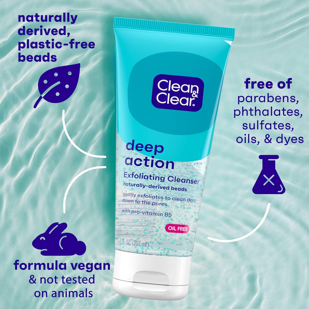 Clean & Clear Deep Action Exfoliating Facial Cleanser, Scrub & Face Wash, Pro-Vitamin B5, Lactic & Glycolic Acids, Oil-Free Gentle Daily Exfoliator for Soft, Smooth, Hydrated Skin, Vegan, 7 Fl Oz Tube