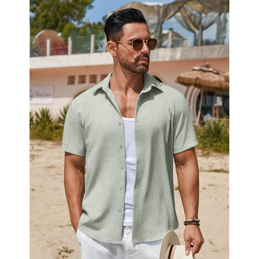 Coofandy Mens Button Down Short Sleeve Shirt Casual Beach Linen Shirts Wedding Summer Vacation Shirt
