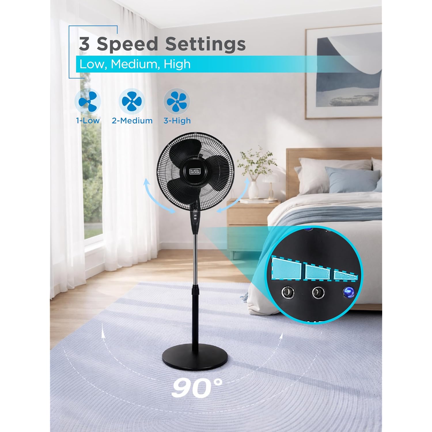 Black+Decker 16" Oscillating Pedestal Fan With Remote, Bfsr16B, Black | Oscillating Pedestal Fan With Remote, 90-Degree Oscillation, 3 Speed Settings, Adjustable Height, Timer, 30-Degree Tilt