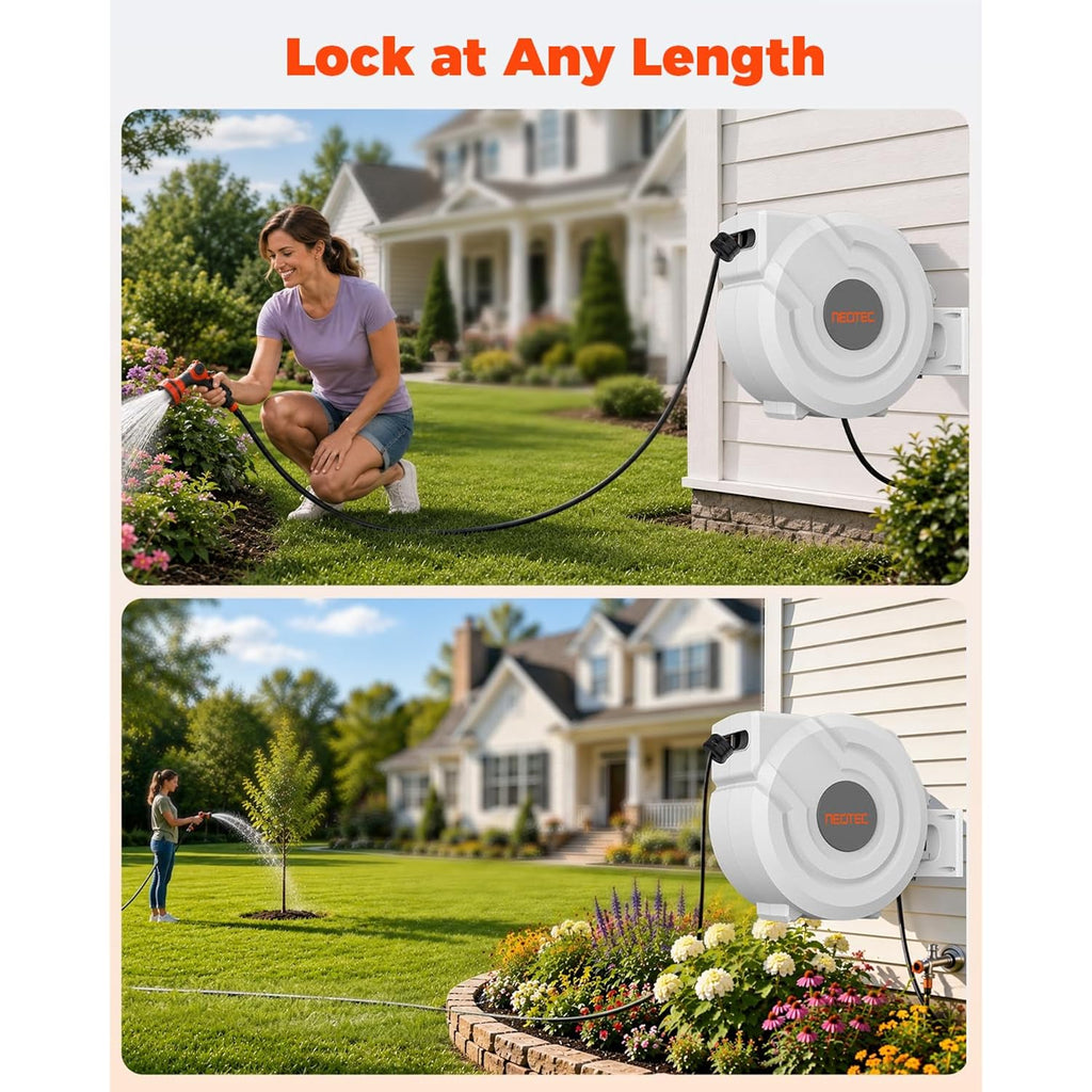 5/8 In 100Ft Retractable Garden Hose Reel With Any-Length Lock Slow Auto Rewind Heavy Duty Water Hose Reel With 9-Pattern Nozzle 180° Swivel Bracket Uv Resistant Wall Mounted Hose Reel For Outside