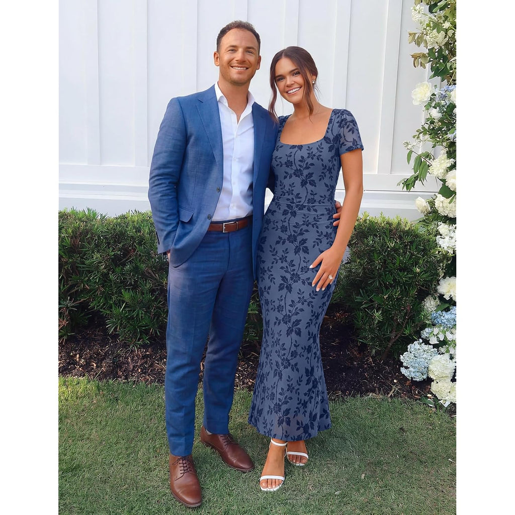 Merokeety Women Summer Floral Wedding Guest Maxi Dress 2026 Formal Short Sleeve Square Neck Bodycon Cocktail Party Long Dress