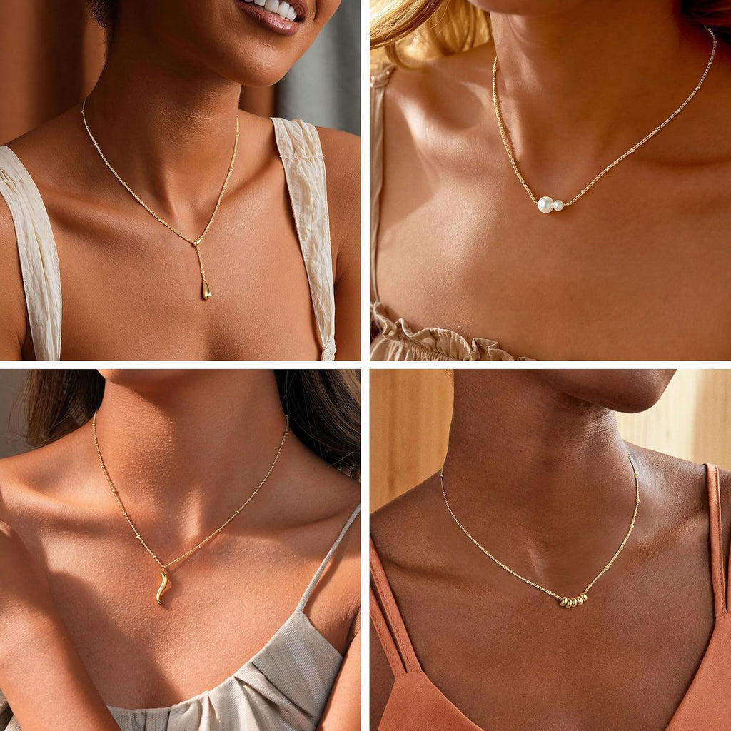 M MOOHAM Mothers Day Gifts - Dainty 14K Gold Plated Beaded Chain Small Pendant Necklaces Simple Pearl Circle Beads Italian Horn Teardrop Pendant Y-Shaped Necklace for Women Trendy Jewelry Gifts