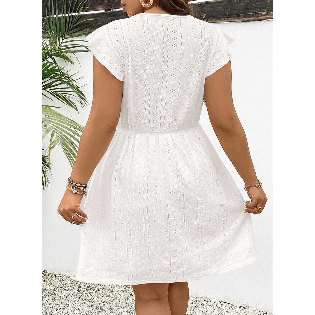 Eytino Plus Size Dresses For Women Summer Ruffle Cap Sleeve Lace V Neck Embroidery Eyelet A Line Dress(1X-5X)