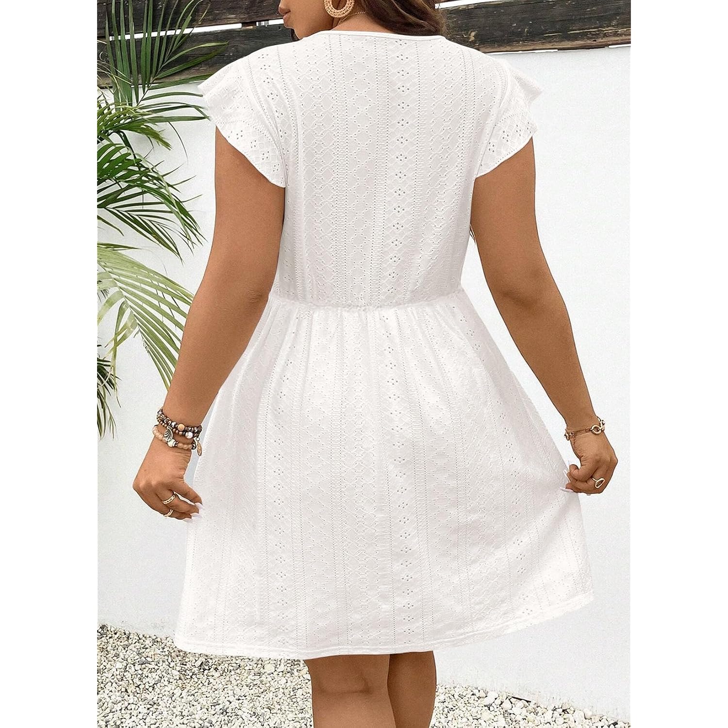 Eytino Plus Size Dresses For Women Summer Ruffle Cap Sleeve Lace V Neck Embroidery Eyelet A Line Dress(1X-5X)