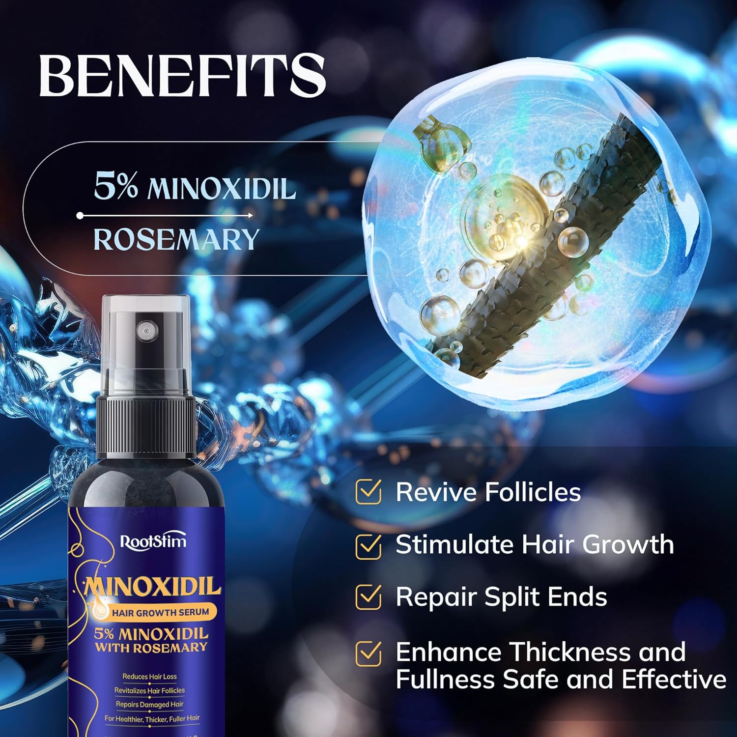 5% Minoxidil Hair Growth for Men and Women: 3-Pack RootStim Extra Strength Minoxidil Beard Regrowth Treatment with Rosemary for Thinning Hair Regrowth and Fuller Hair 180 ML