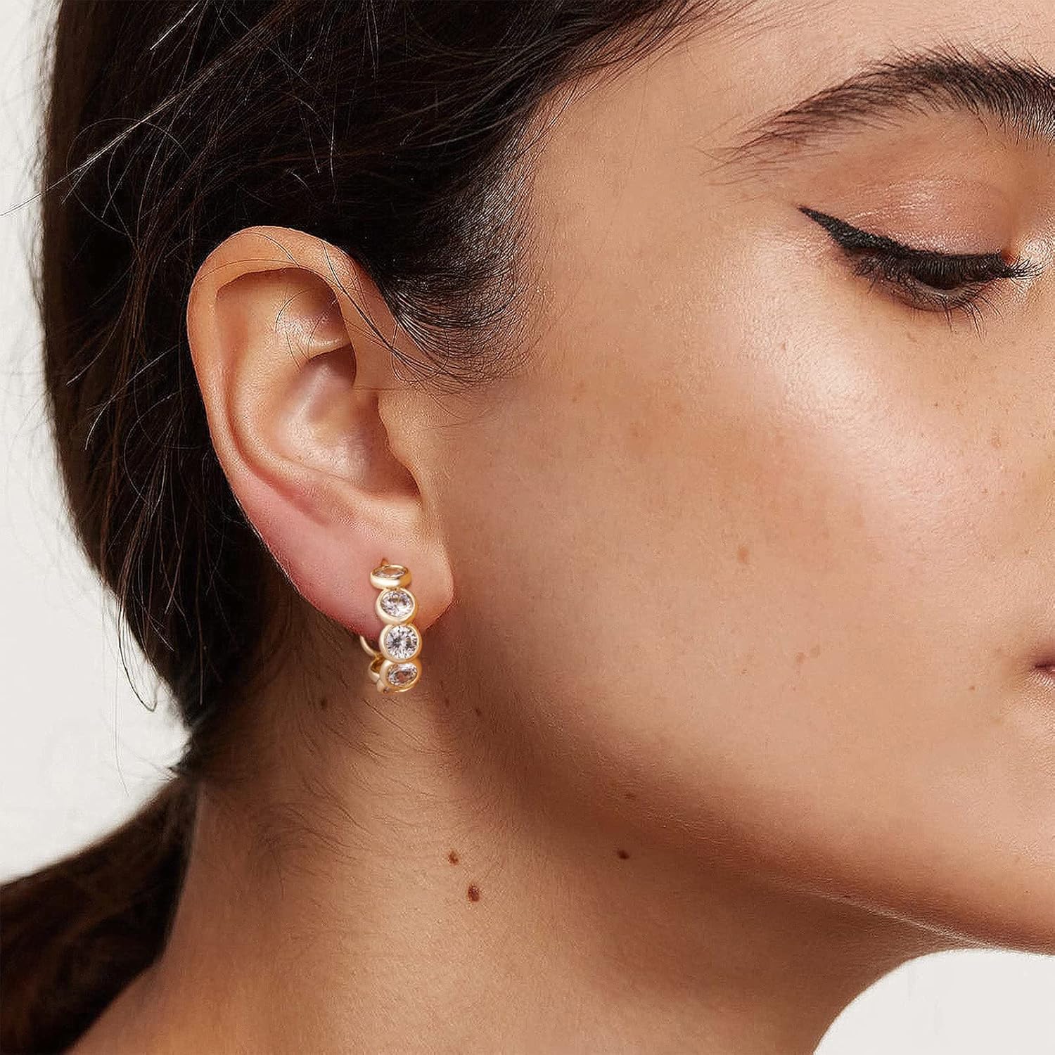 MTMY Huggie Hoop Earrings 14K Gold Plated Cubic Zirconia Dainty Simple Cute Beads Elegant CZ Circle Small Hoop Earring for Women Minimalist Handmade Hypoallergenic Jewelry