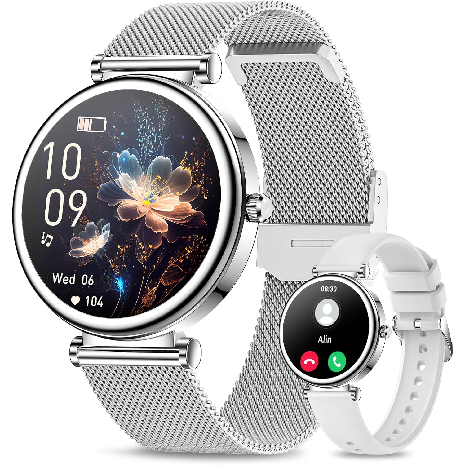 Small Smart Watch for Women with Bluetooth Call, 1.27” Ladies Smart Watch,120+ Sports Modes Step Counter Fitness Watch, HR/BP/SpO2 Sleep Monitor, IP68 Waterproof Smartwatch for Android/iOS Silver