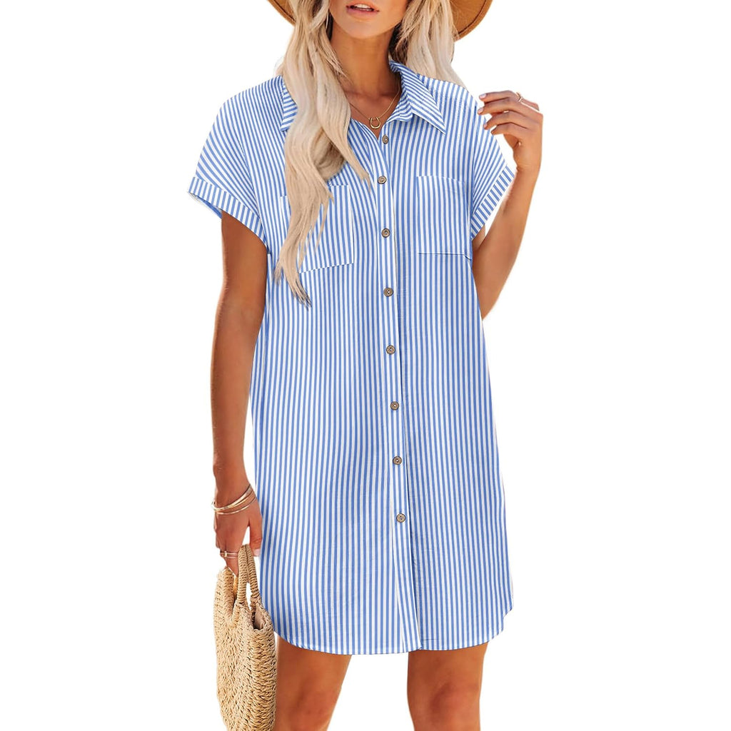 Zeagoo Summer Dresses For Women 2026 Cotton Button Down Short Sleeve Tshirt Dresses Casual Mini Beach Dress
