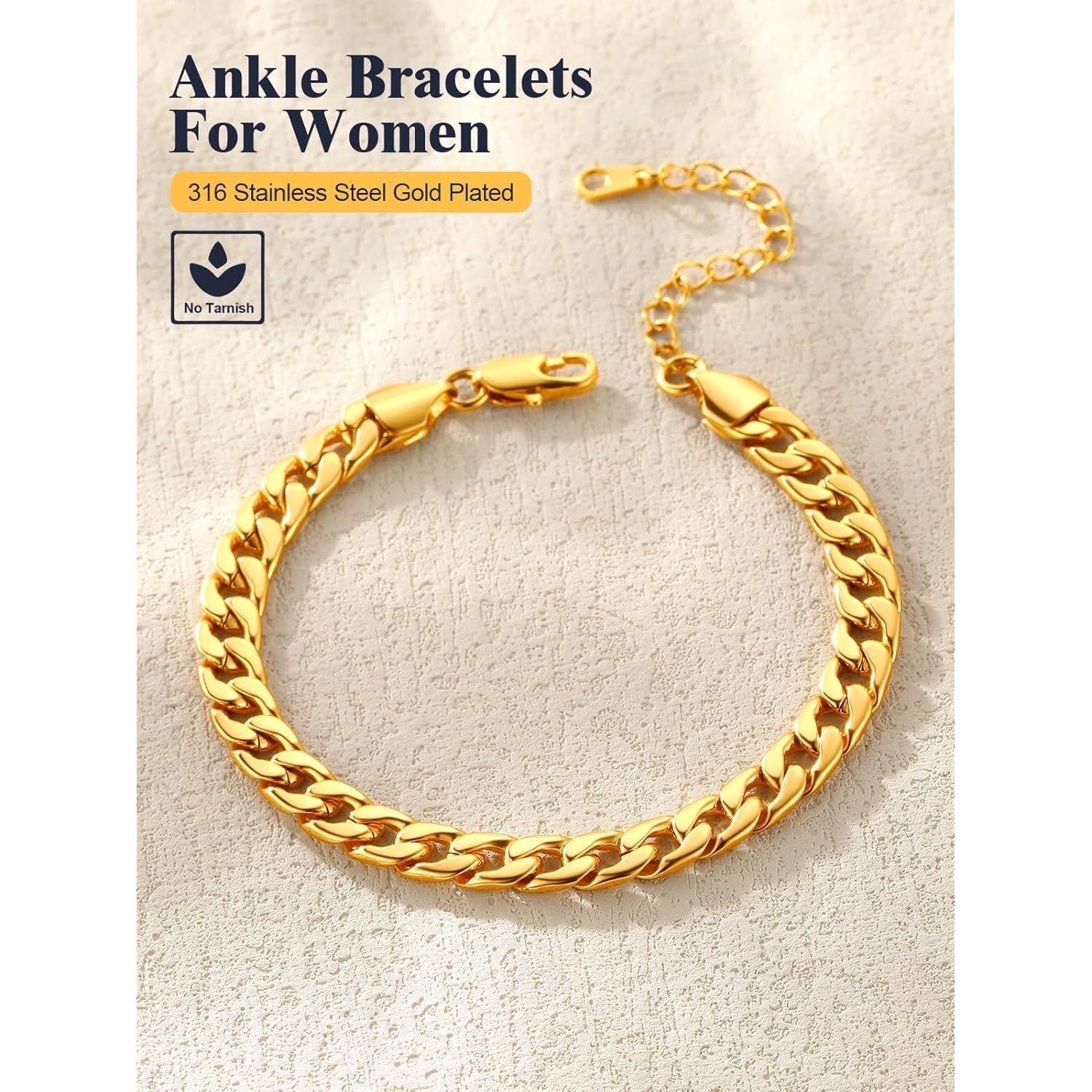 U7 Women Girls Barefoot Jewelry 18K Gold or Rose Gold Stainless Steel Heart/Rope/Figaro/Cuban Chain Anklet Foot Bracelet, 25-30 CM Long