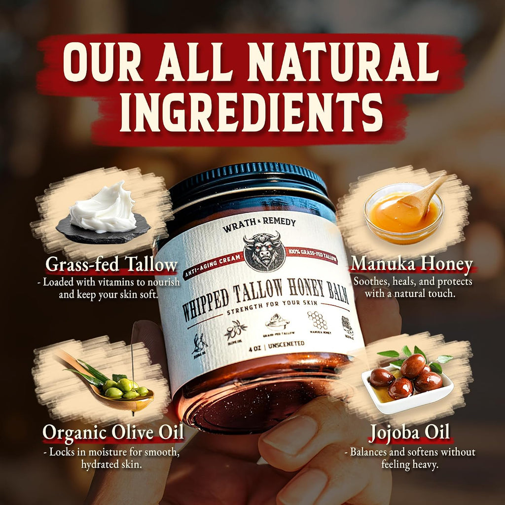 Organic Beef Tallow For Skin - 4 Oz (Unscented) — Us-Made Grass Fed Beef Tallow For Face + Body — Whipped Tallow And Honey Balm Moisturizer For Dry And Sensitive Skin, Eczema, Rosacea (No Additives)