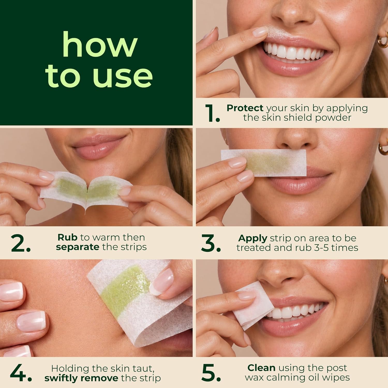 Nad's Facial Wax Strips - Hypoallergenic All Skin Types - Facial Hair Removal For Women - At Home Waxing Kit with 20 Face Wax Strips + 4 Calming Oil Wipes + Skin Protection Powder