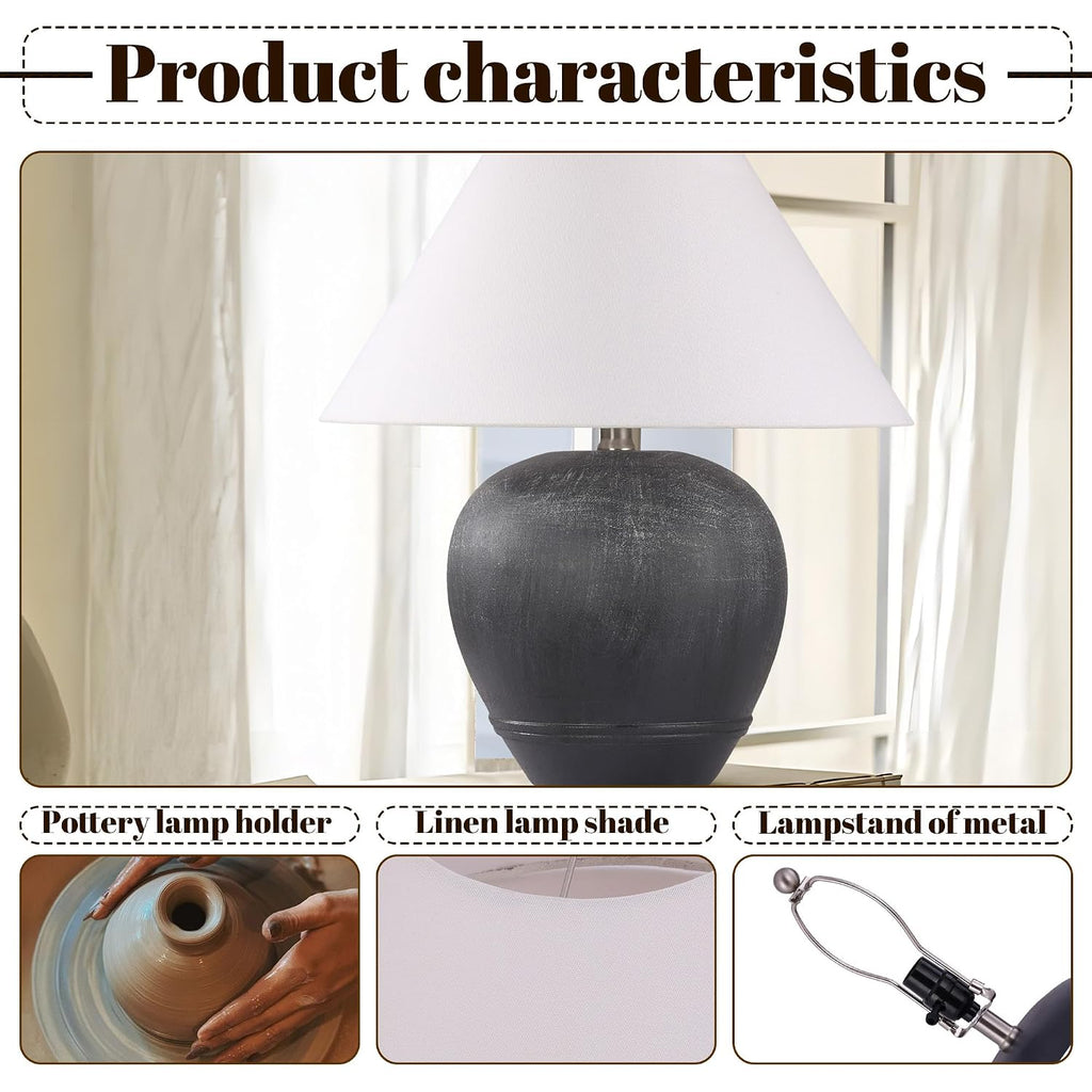 21'' Large Gray Base Ceramic Basin Table Lamp Set Of 2 For Bedroom, Living Room, Dining Room, Office, White Shade,White Smudged Black Base