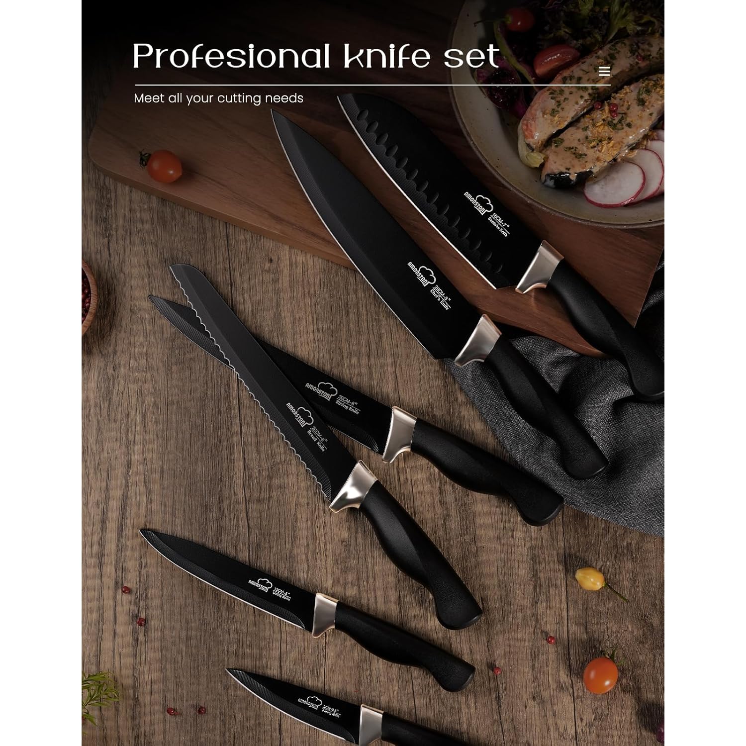 Amorston Knife Set, 15 Pieces Knives Set for Kitchen Knife Set with Block and Sharpener, Dishwasher Safe Knife Block Set German Stainless Steel Kitchen Knife Sets for Apartment New Home Housewarming