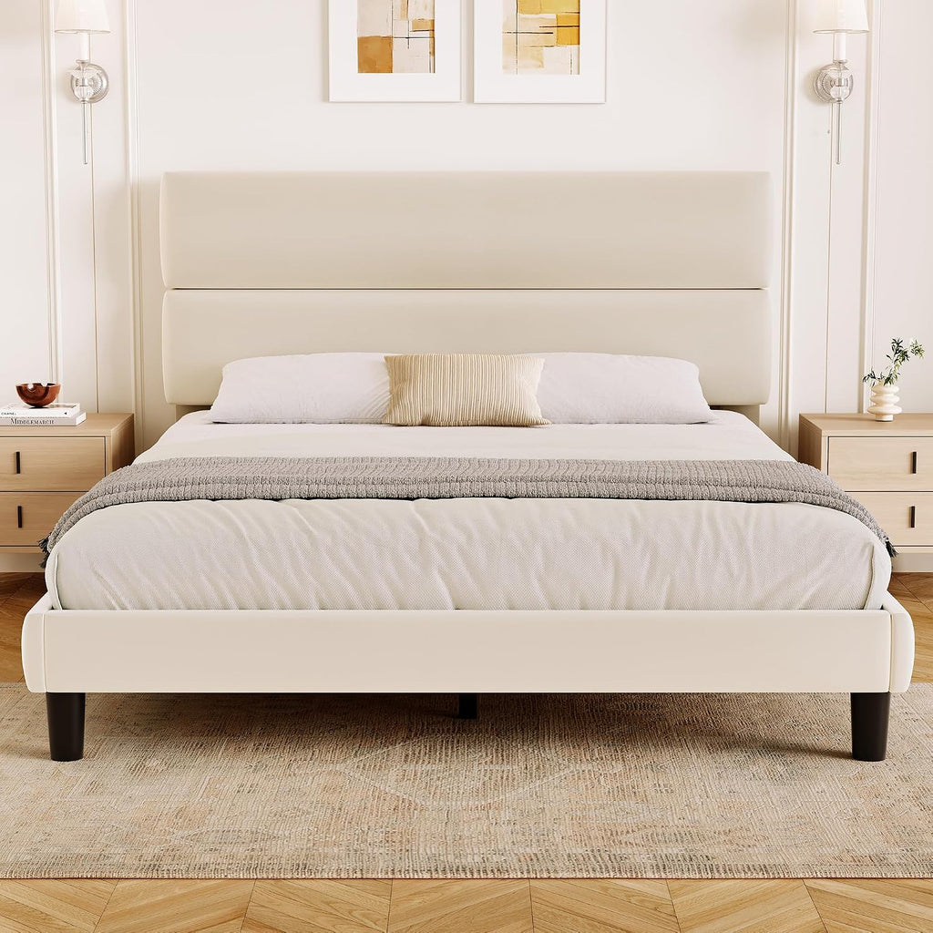 Queen Size Platform Bed Frame With Velvet Headboard, Adjustable Height Wooden Slats Support, Upholstered Mattress Foundation, Fits Mattress Or Mattress With Box Spring, Easy Assembly, Beige