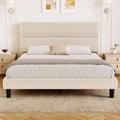 Queen Size Platform Bed Frame With Velvet Headboard, Adjustable Height Wooden Slats Support, Upholstered Mattress Foundation, Fits Mattress Or Mattress With Box Spring, Easy Assembly, Beige