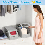 Hat Storage For Baseball Caps,2 Pcs Stackable Hat Storage Boxes Holds Up To 24 Caps Hat Organizer For Closet, Sturdy Snapback Hat Boxes For Women&Men With Clear Window For Closet, Grey