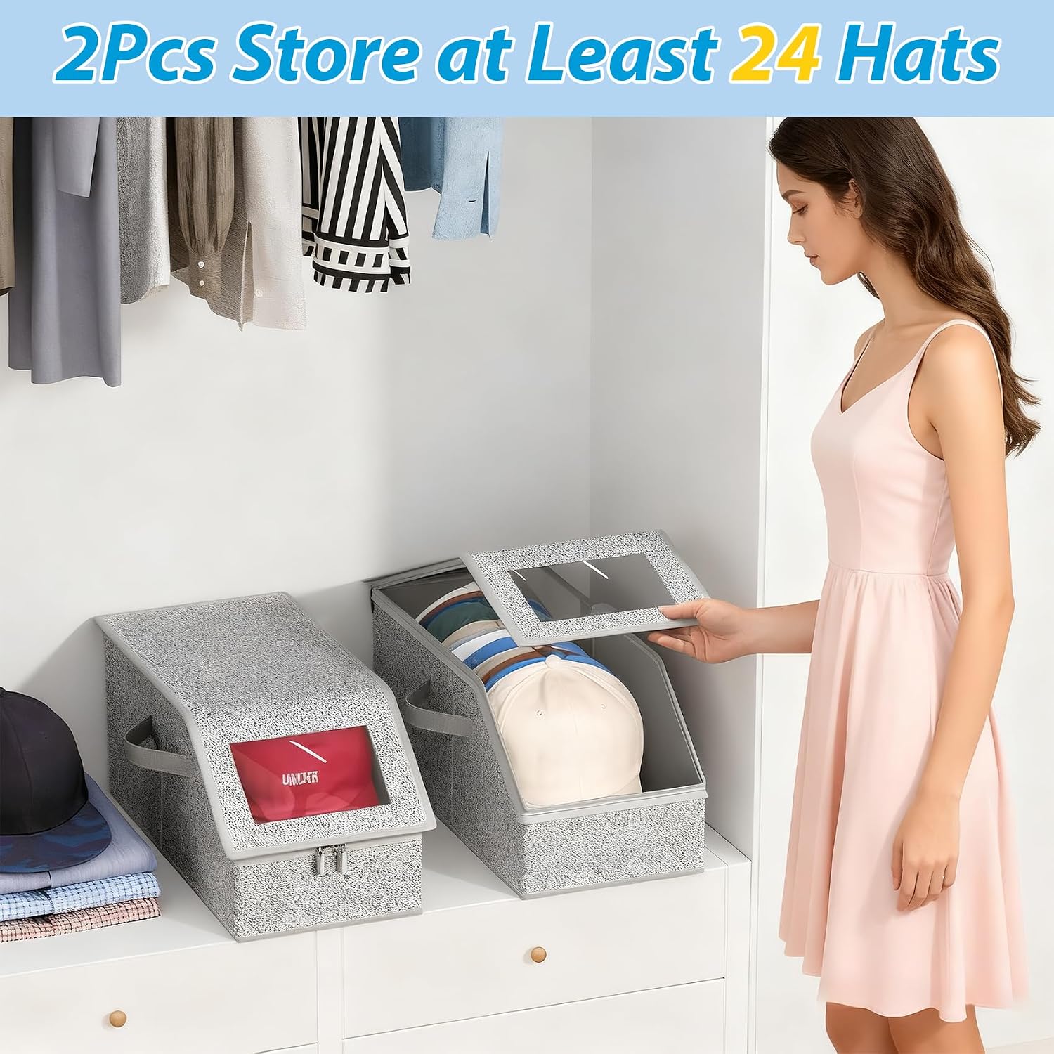 Hat Storage For Baseball Caps,2 Pcs Stackable Hat Storage Boxes Holds Up To 24 Caps Hat Organizer For Closet, Sturdy Snapback Hat Boxes For Women&Men With Clear Window For Closet, Grey