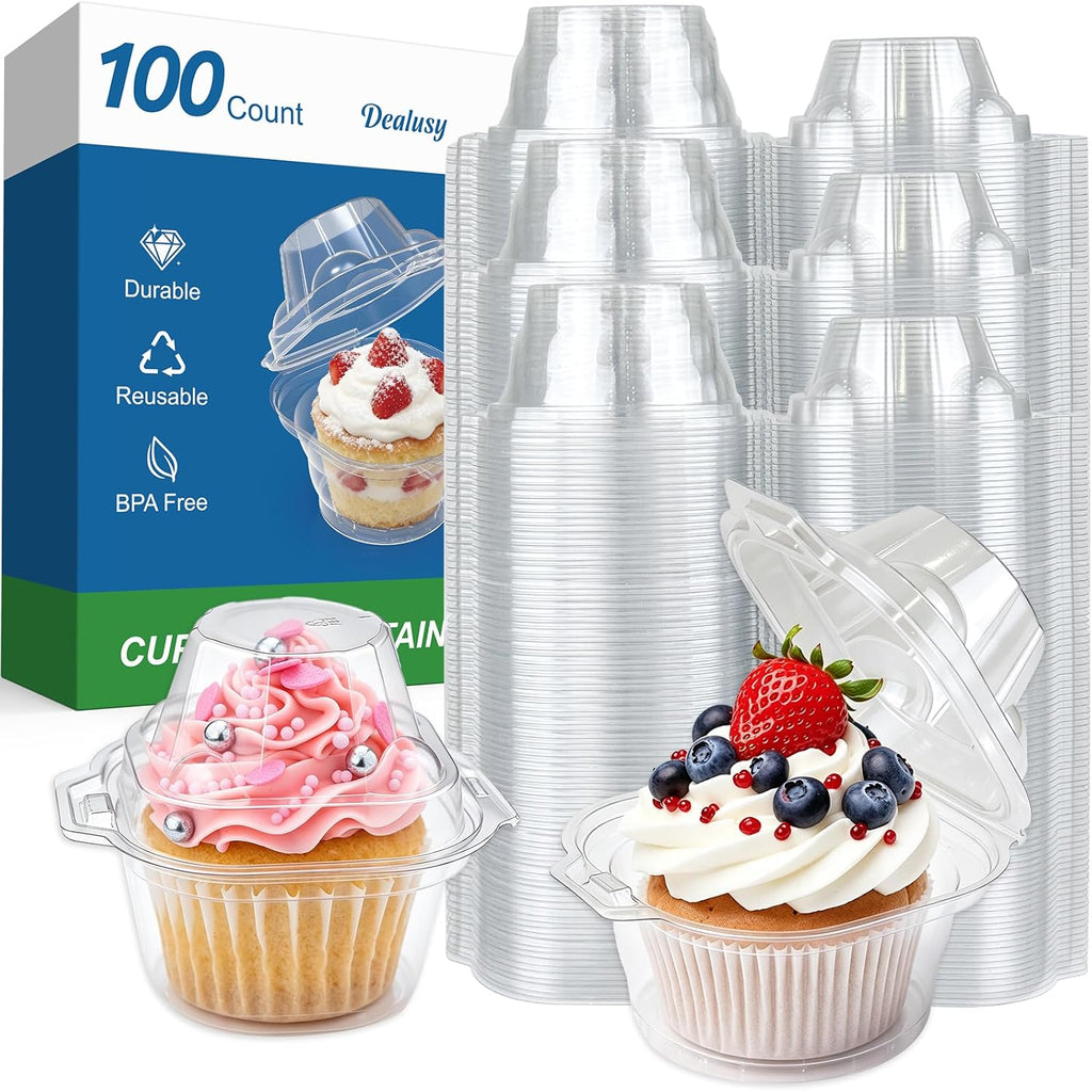 Dealusy 100 Pack Individual Cupcake Containers With Airtight Dome Lids, Clear Plastic Single Cupcake Boxes, Stackable Disposable Muffin Holders For Baking, Parties, Weddings & Picnics
