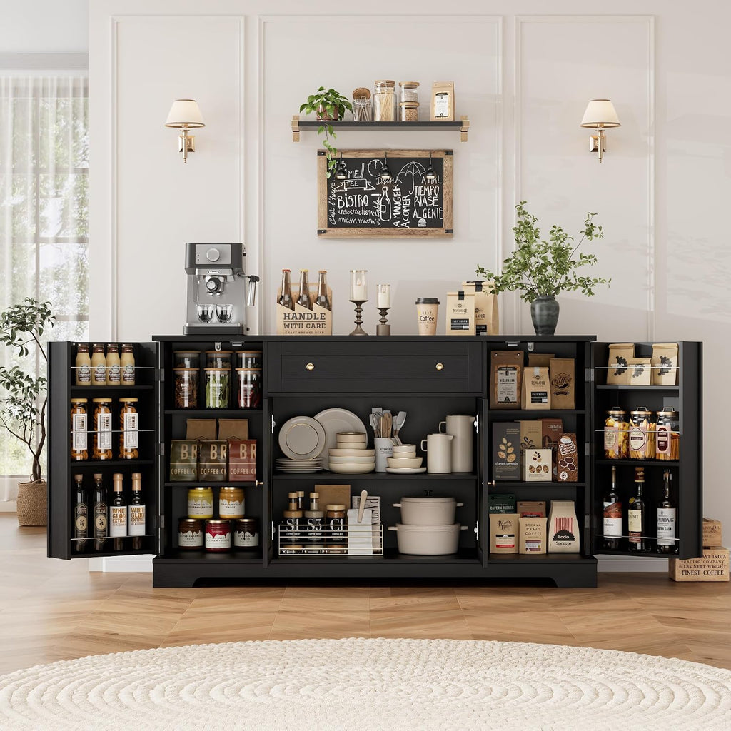 Hostack 54"W Kitchen Buffet Cabinet With Storage, Coffee Bar Cabinet, Black | Dual Swing-Out Door Racks, Large Drawer & Adjustable Shelves, Modern Sideboard Storage Cabinet For Dining Room, Living Room