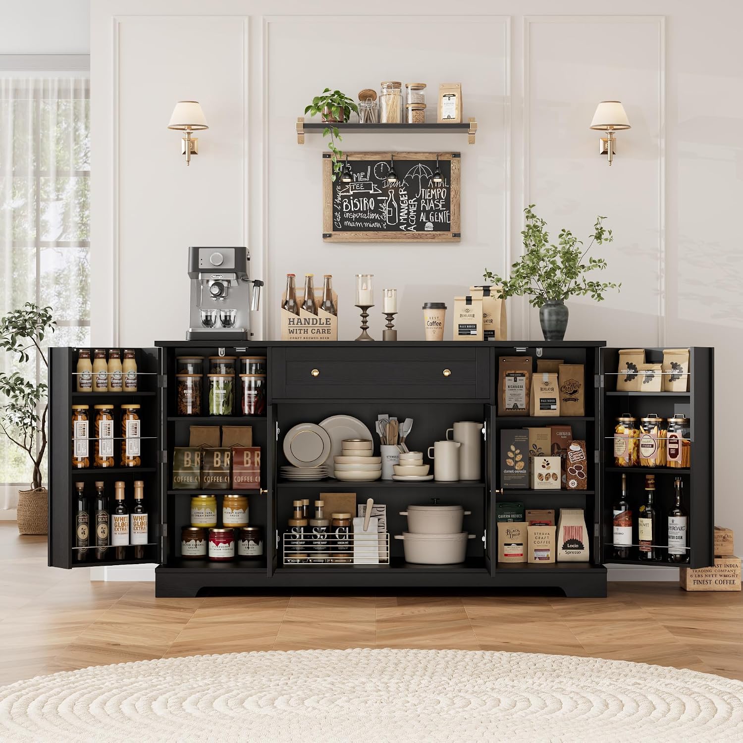 Hostack 54"W Kitchen Buffet Cabinet With Storage, Coffee Bar Cabinet, Black | Dual Swing-Out Door Racks, Large Drawer & Adjustable Shelves, Modern Sideboard Storage Cabinet For Dining Room, Living Room