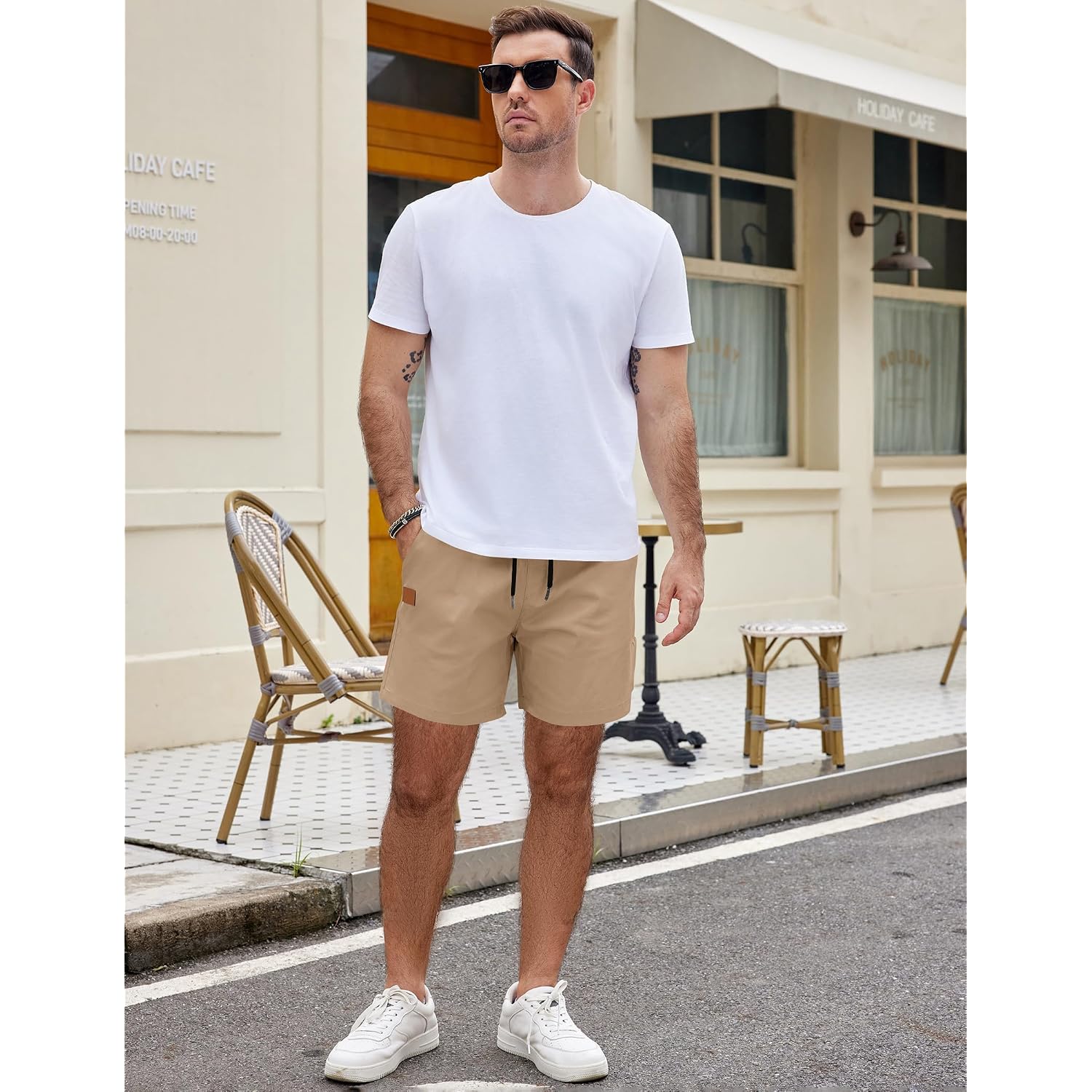 Coofandy Men'S Casual Cotton Shorts Summer Beach 5 Inch Shorts Lightweight Drawstring Elastic Waist Chino Golf Shorts