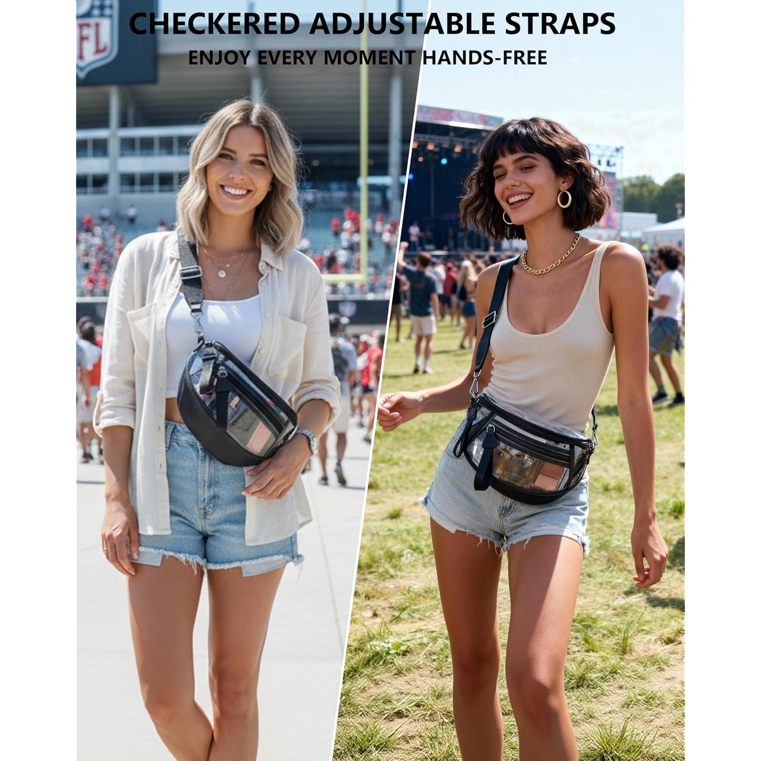 Clear Checkered Crossbody Bags For Stadium Events, Clear Purse Bum Bag For Women Concert Sport With Rfid Coin Purse