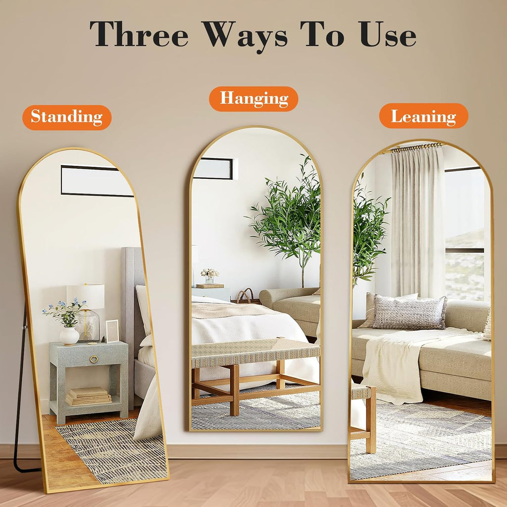 Dumos 64"X21" Arched Full Length Floor Mirror, Full Body Mirror With Stand, Shatterproof Tempered Glass, Modern Aluminum Alloy Frame, Free Standing Or Leaning For Home Decor, Gold