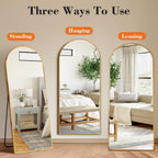 Dumos 64"X21" Arched Full Length Floor Mirror, Full Body Mirror With Stand, Shatterproof Tempered Glass, Modern Aluminum Alloy Frame, Free Standing Or Leaning For Home Decor, Gold