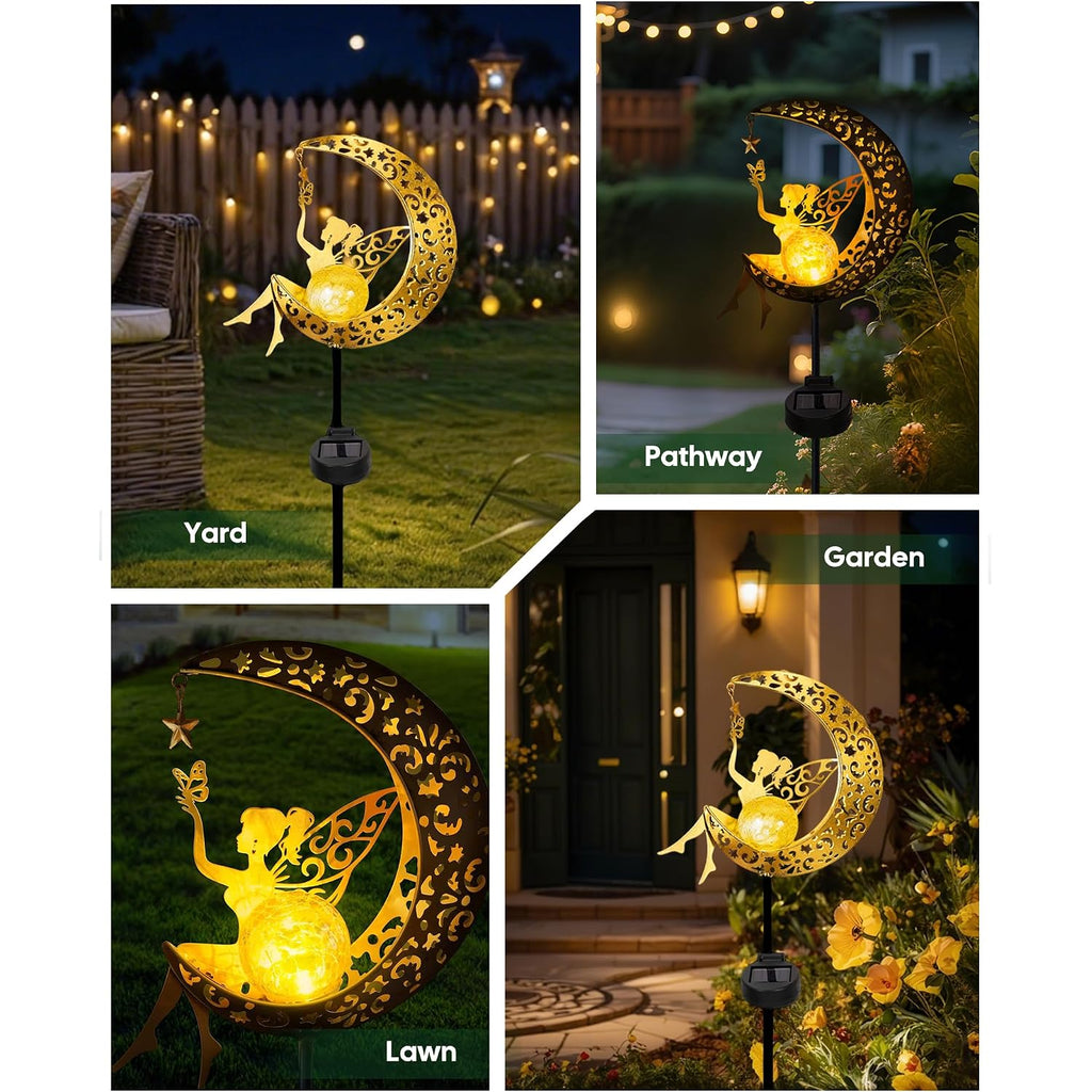Solar Garden Statues Outdoor Decor, Fairy Moon Figurine Light Stake, Housewarming Ornament For Patio, Lawn, Yard, Pathway - Unique Gift Ideas For Gardening Mom Grandma