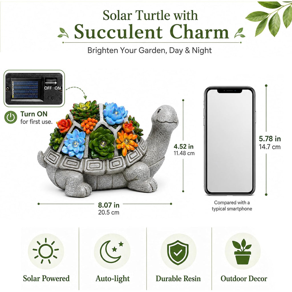 Solar Garden Outdoor Statues Turtle With Succulent And 7 Led Lights - Lawn Decor Statue For Patio, Balcony, Yard Ornament - Gifts For Mom Grandma Women