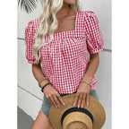 EVALESS Tops for Women Short Sleeve Tunic Blouse Square Neck Gingham Tops Cotton Blend Plaid Shirt Cute Checkered Shirt
