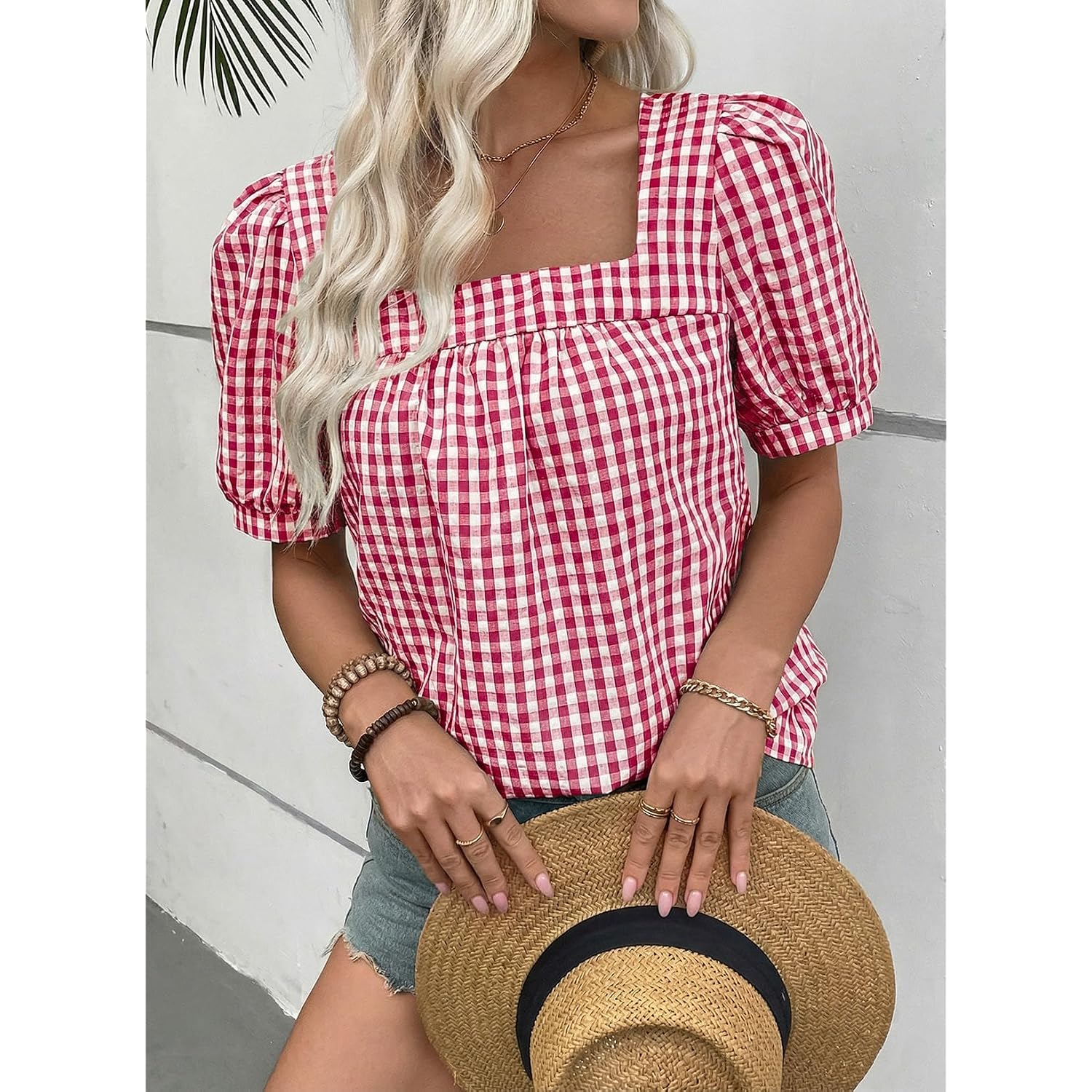EVALESS Tops for Women Short Sleeve Tunic Blouse Square Neck Gingham Tops Cotton Blend Plaid Shirt Cute Checkered Shirt