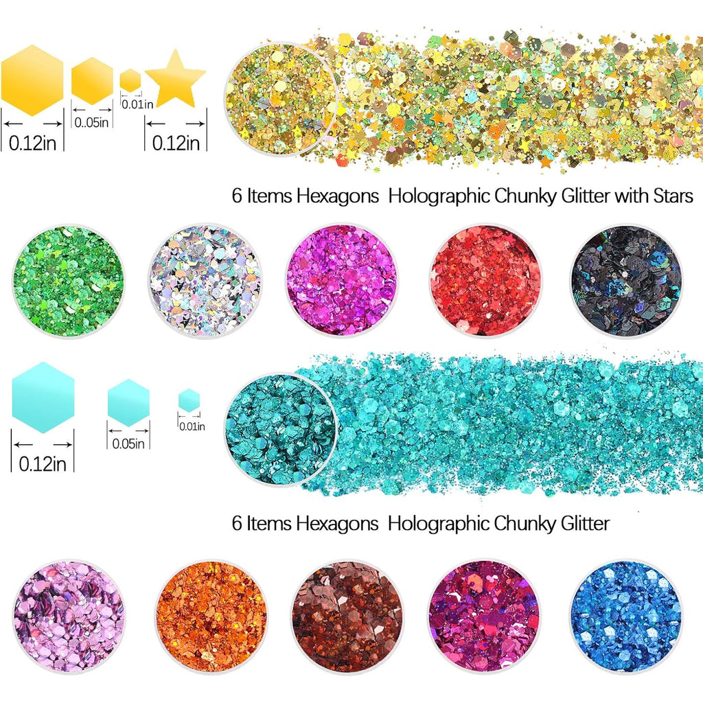 Holographic Chunky Glitter Sequins, 12 Colors Mixed Cosmetic Glitter For Face Body Eye Hair Nail Art Lip Gloss Makeup, Festival Glitter With Different Hexagons Size And Stars (Laser Mix)