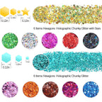 Holographic Chunky Glitter Sequins, 12 Colors Mixed Cosmetic Glitter For Face Body Eye Hair Nail Art Lip Gloss Makeup, Festival Glitter With Different Hexagons Size And Stars (Laser Mix)