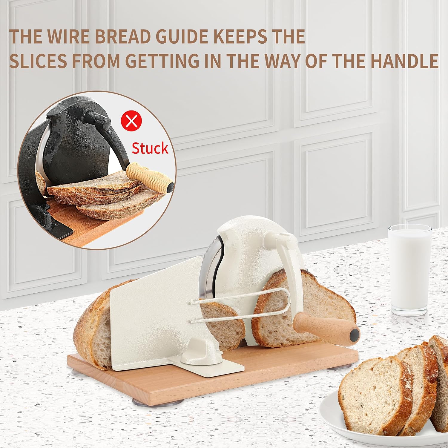 Cawiu Manual Bread Slicer With Hand Crank- Adjustable Thickness Bread Cutter For Even Slices, Perfect For Homemade Sourdough, Sandwich, And More, Cream