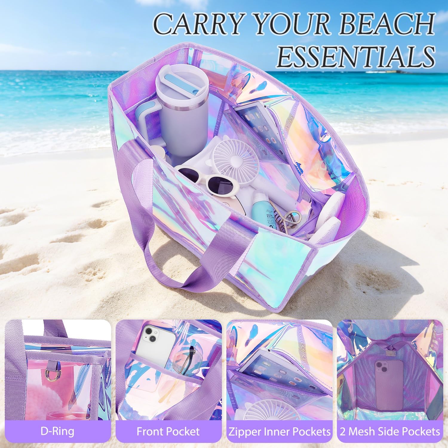 Fammart Iridescent Clear Beach Bags Waterproof Sandproof For Women, Large Jelly Tote Zipper Pool Bag Cruise Essentials 2026
