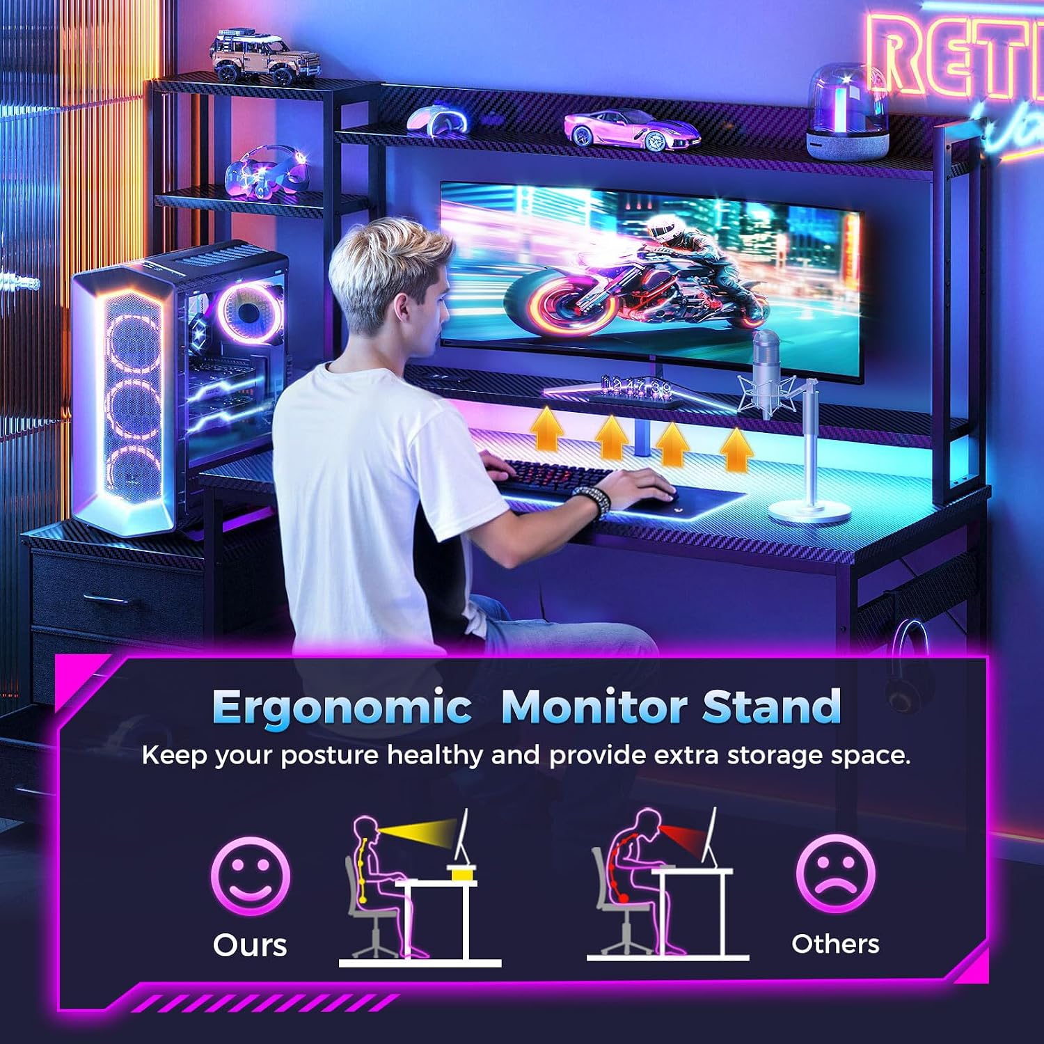 Casaottima 48 Inch Gaming Desk With Hutch & 3 Fabric Drawers, Computer Desk With Usb Ports & Led Lights, Reversible Pc Gamer Table With Monitor Stand For Home Office, Carbon Fiber Black
