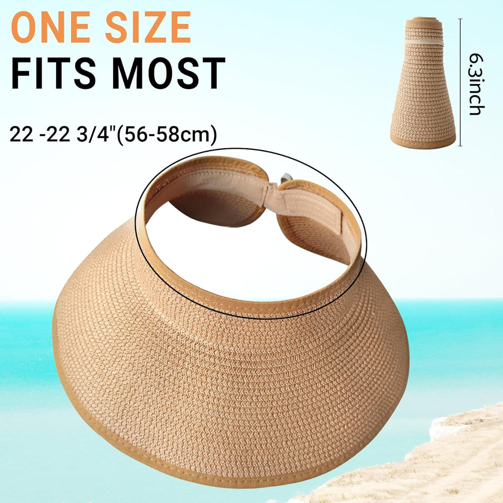 PFFY Sun Visors Hats for Women Wide Brim Straw Visor Packable Foldable Ponytail Travel Beach Hat Vacation Essentials
