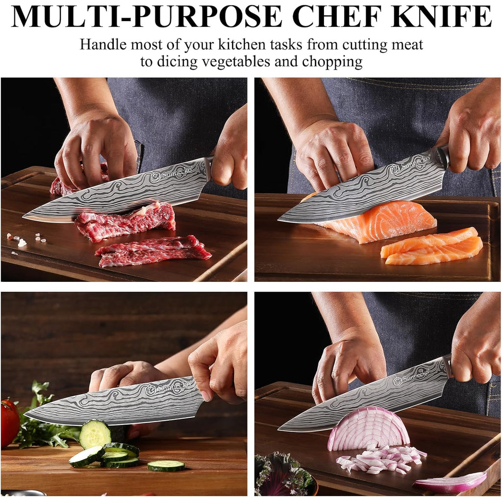 8 Inch Chef Knife - Ultra Sharp 12-15 Degree Edge Kitchen Knife For Meat Vegetable Cutting Japanese Style, High Carbon Stainless Steel Blade, Pakkawood Handle &Sheath, Cooking & Bbq Gift