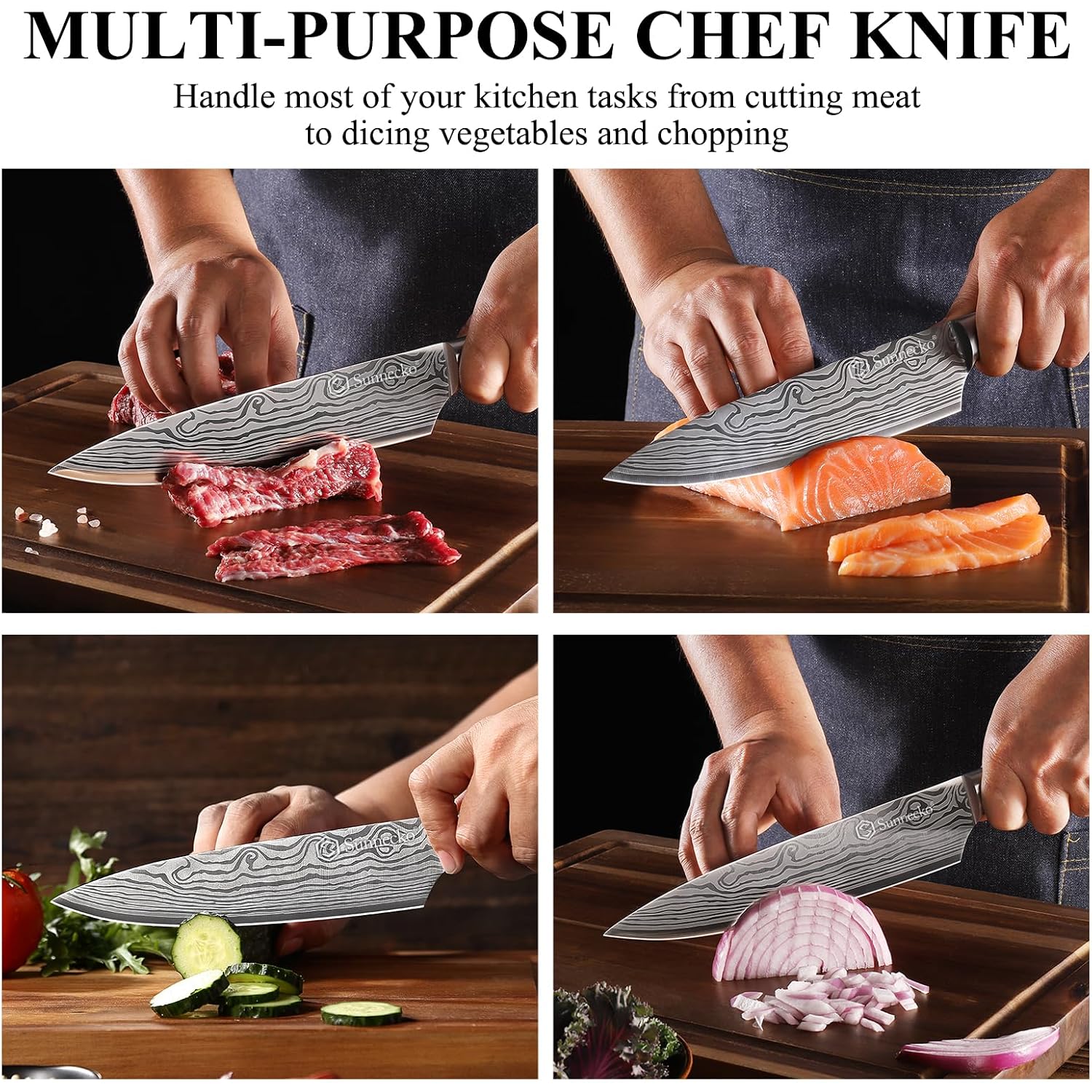 8 Inch Chef Knife - Ultra Sharp 12-15 Degree Edge Kitchen Knife For Meat Vegetable Cutting Japanese Style, High Carbon Stainless Steel Blade, Pakkawood Handle &Sheath, Cooking & Bbq Gift