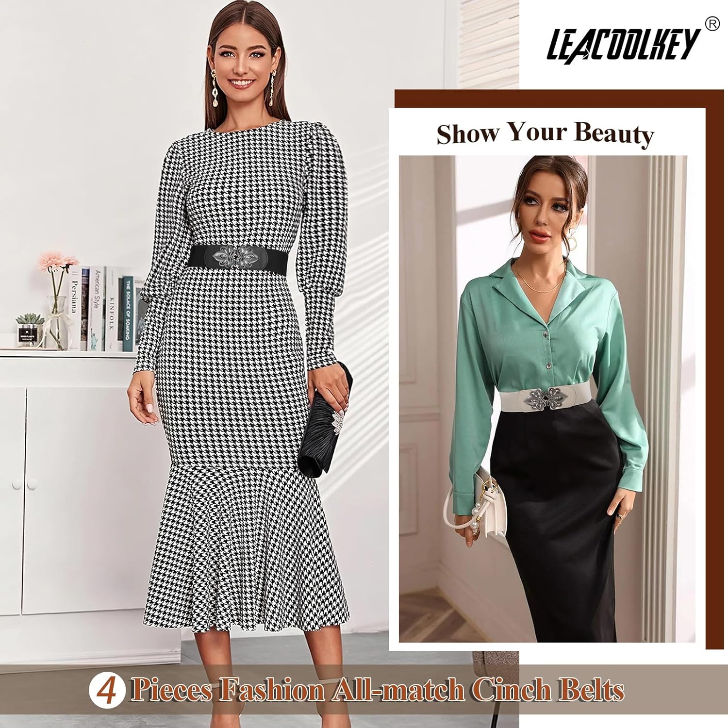 LEACOOLKEY 4 Pack Women Wide Elastic Waist Belt for Dress Plus Size Vintage Stretch Belt Retro Buckle 2.36" Width