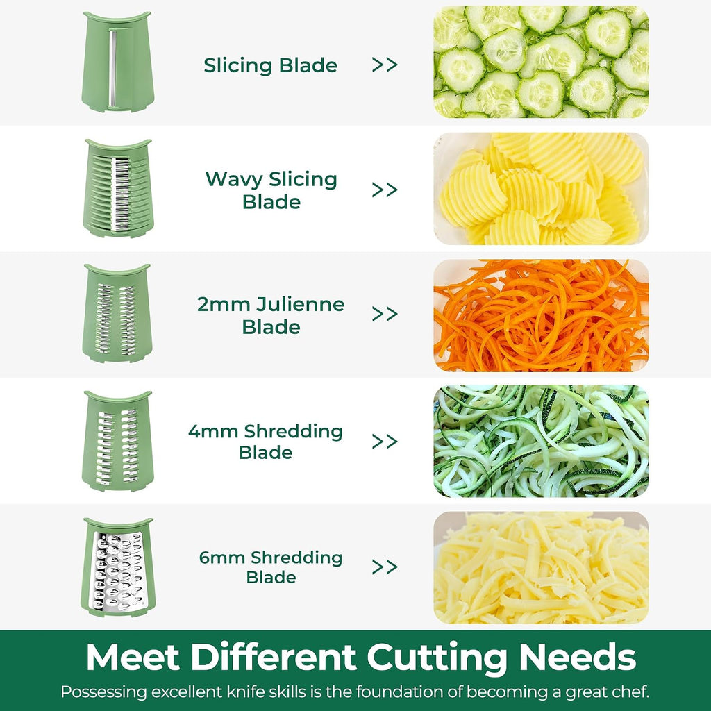 Susteas Rotary Cheese Grater 5 Blades,Kitchen Mandoline Vegetable Slicer | Retro Green, Easy To Clean, Strong Suction Base, 5 Blades Storage Box, Round Mandoline Slicer & Food Chopper For Salad